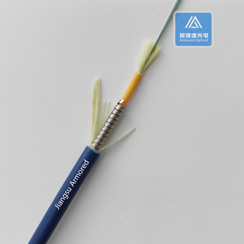 12 Cores SM Spiral Armored Fiber Cable  4.5mm Blue PVC Rodent Resistant FTTH Micro Armored Fiber Cable