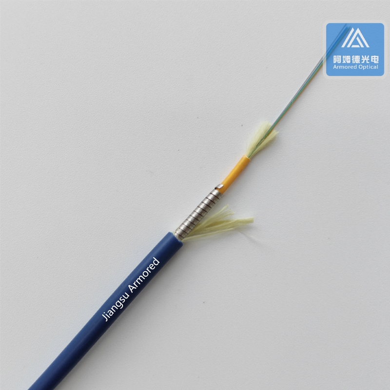 12 Cores SM Spiral Armored Fiber Cable  4.5mm Blue PVC Rodent Resistant FTTH Micro Armored Fiber Cable