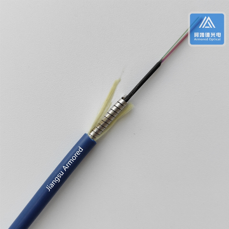 12 Cores SM Spiral Armored Fiber Cable  3.0mm Blue PVC Rodent Resistant FTTH Micro Armored Fiber Cable