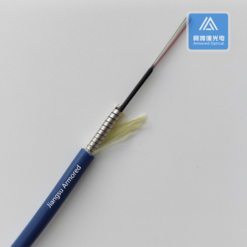 12 Cores SM Spiral Armored Fiber Cable  3.0mm Blue PVC Rodent Resistant FTTH Micro Armored Fiber Cable