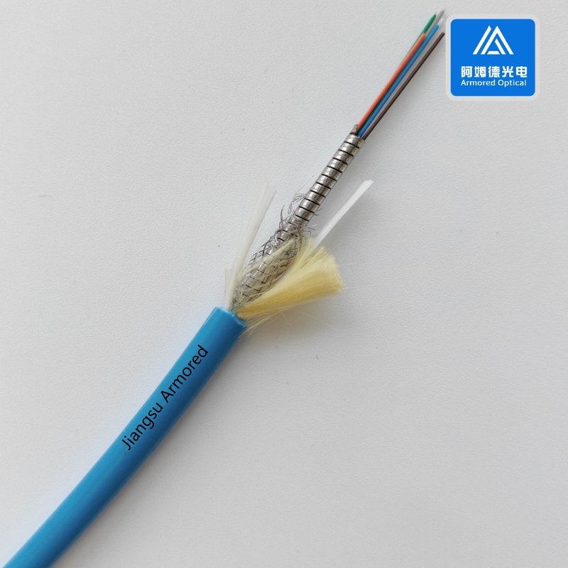 4 Cores Spiral Armored Fiber Cable 5.0mm Blue LSZH Braiding Mesh  Rodent Resistant FTTH