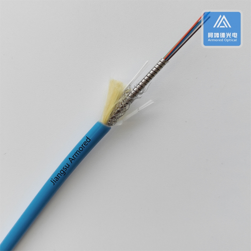 4 Cores Spiral Armored Fiber Cable 5.0mm Blue LSZH Braiding Mesh  Rodent Resistant FTTH