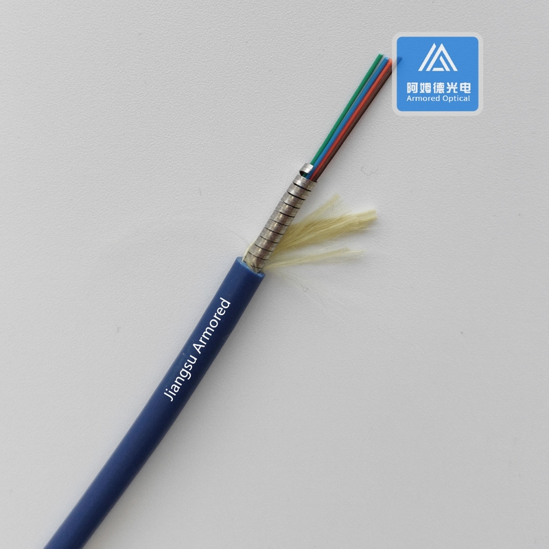 4 Cores SM Spiral Armored Fiber Cable 4.8mm Blue PVC Rodent Resistant FTTH Micro Armored Cable