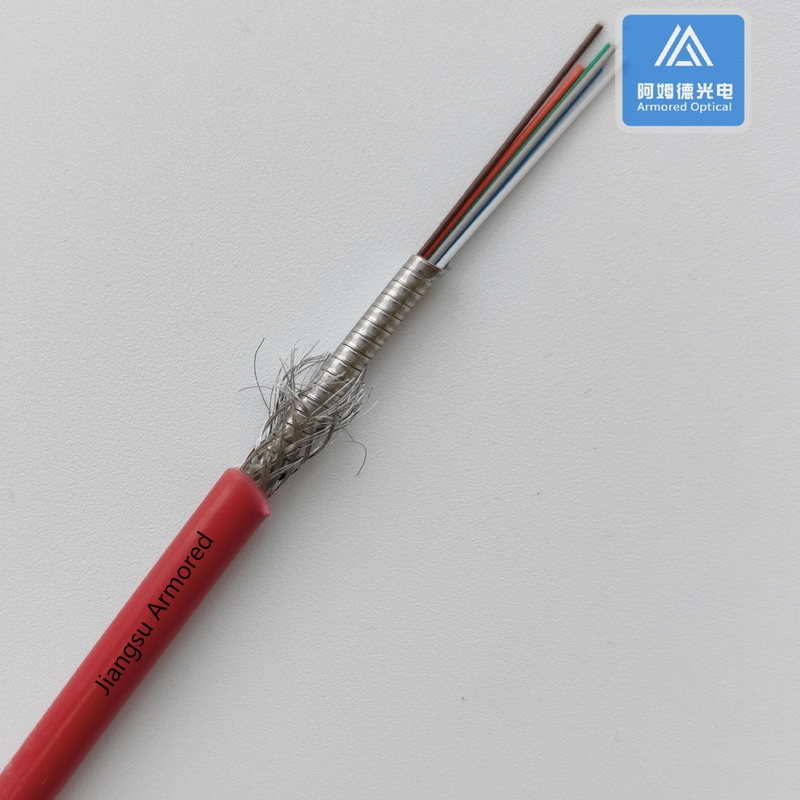 6 Cores Single Mode Spiral Armored Fiber Cable 5.0mm Red LSZH Rodent Resistant FTTH