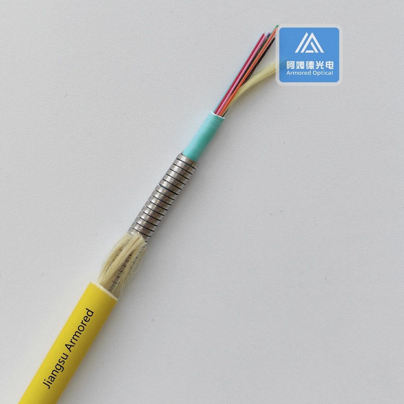 12 Cores OM3 Spiral Armored Fiber Cable 7.5mm Yellow LSZH Rodent Resistant FTTH