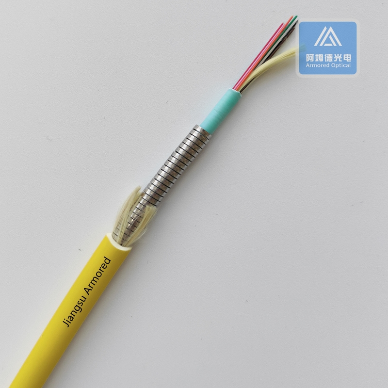 12 Cores OM3 Spiral Armored Fiber Cable 7.5mm Yellow LSZH Rodent Resistant FTTH