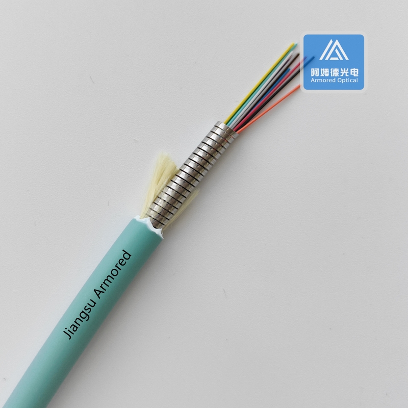 12 Cores Multi Mode Spiral Armored Fiber Cable 6.0mm Aque LSZH  Rodent Resistant FTTH