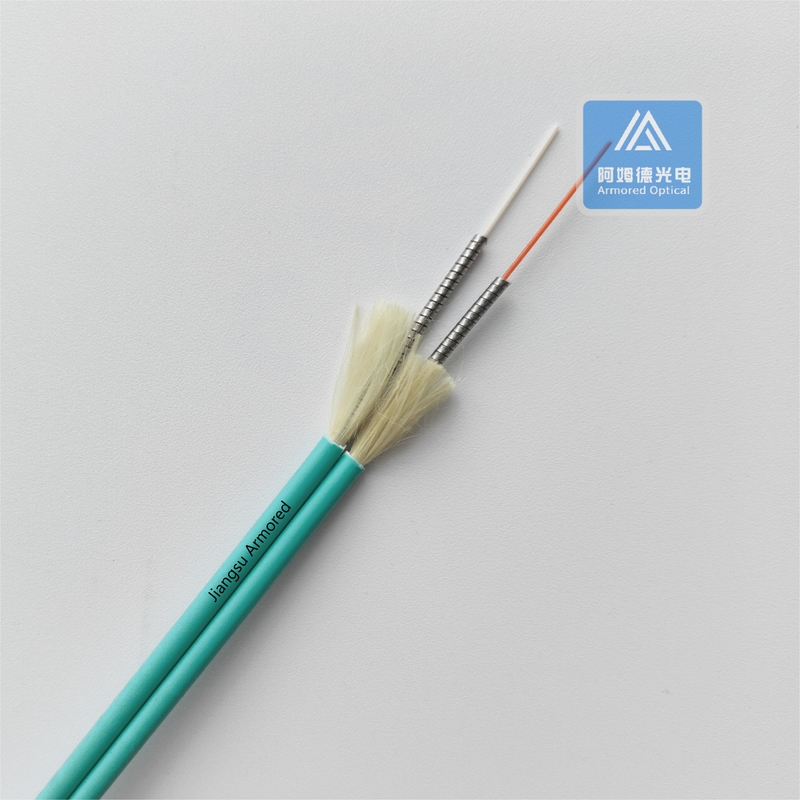 Duplex OM3 Flat Spiral Armored Fiber Cable 3.0mm x2pcs Aque LSZH Rodent Resistant FTTH
