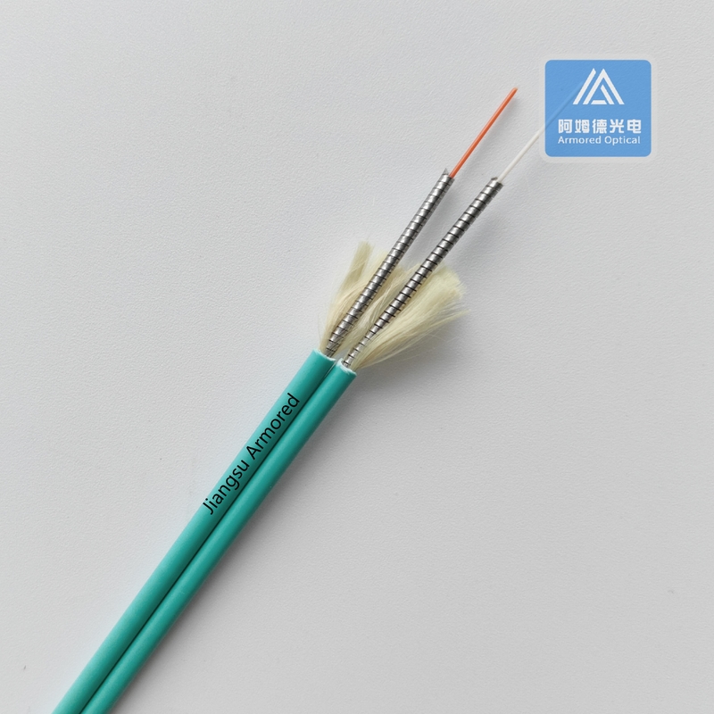 Duplex OM3 Flat Spiral Armored Fiber Cable 3.0mm x2pcs Aque LSZH Rodent Resistant FTTH