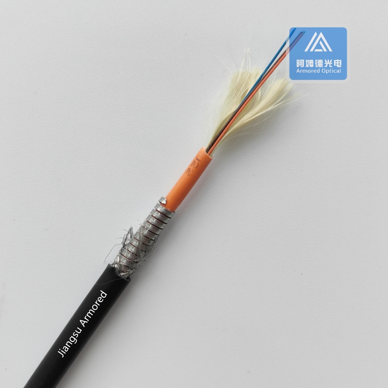 4 Cores MM Spiral Armored Fiber Cable 6.5mm Black LSZH Rodent Resistant FTTH Braiding Mesh