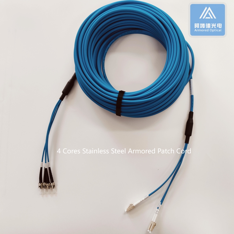 4 Cores OM2 Stainless Steel Armored Fiber Patch Cable ST-DLC-40M 6.5mm Blue LSZH