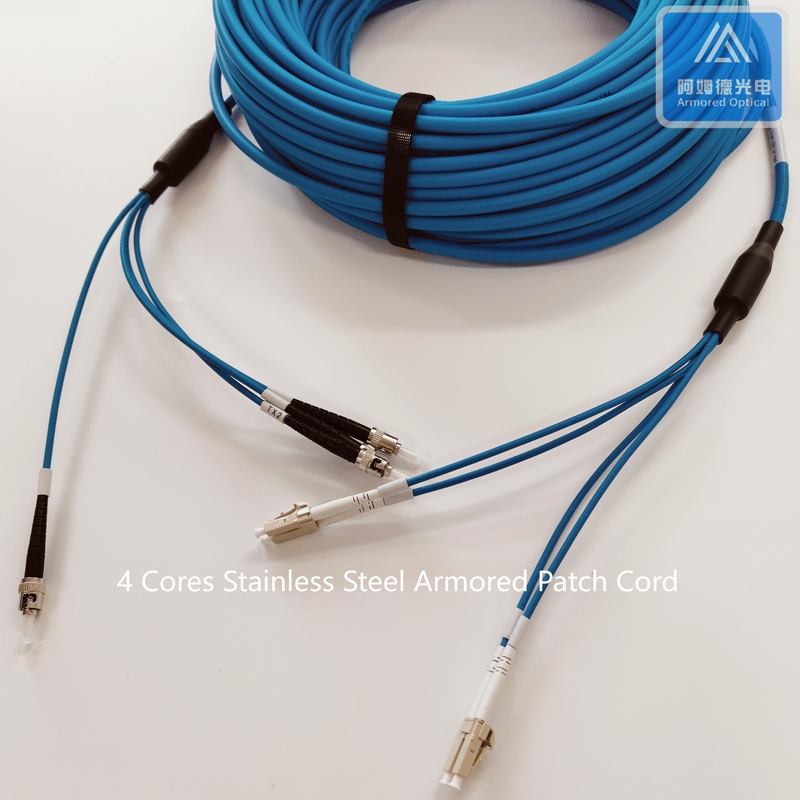 4 Cores OM2 Stainless Steel Armored Fiber Patch Cable ST-DLC-40M 6.5mm Blue LSZH